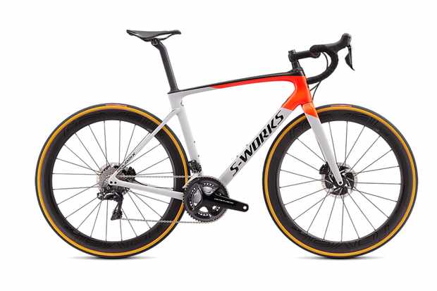 Road bike reviews Photograph of a red and white bikes with S-Works written on the downtube