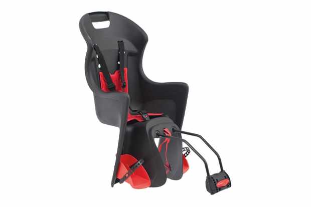 A red and black bike seat on a white background