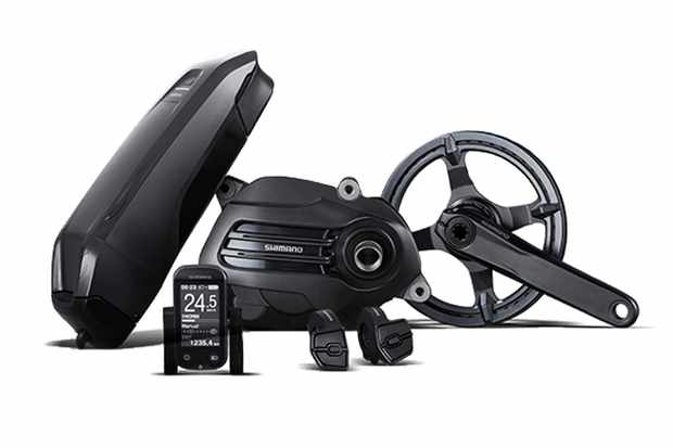 electric bike motor and groupset on a white background