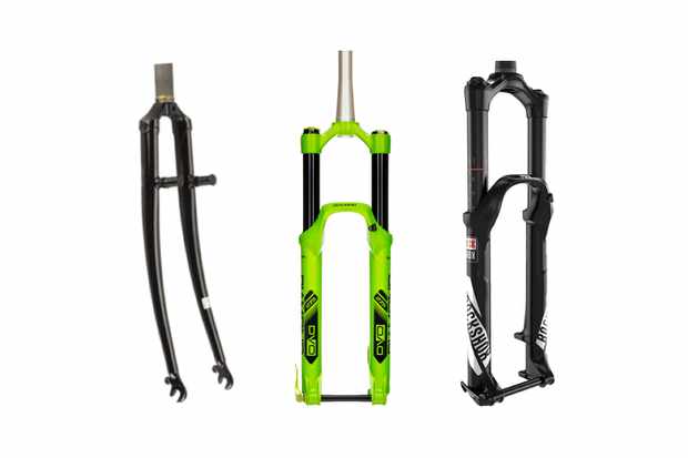 Fork and suspension fork reviews Collage image of 1 set of road forks and 2 sets of mountain bike suspension forks on a white background