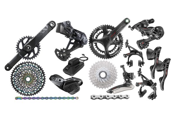 Groupset reviews Collage of black and silver bicycle groupset parts on a white background