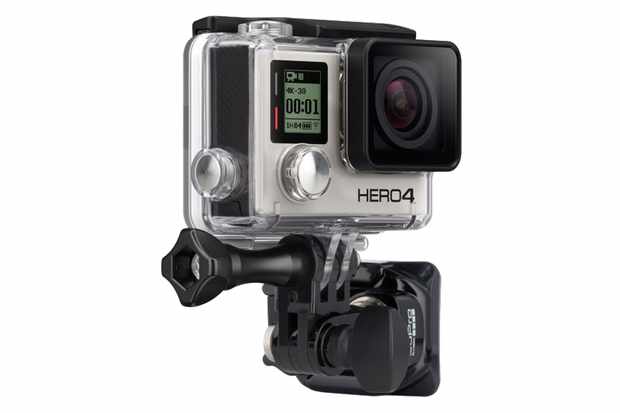 helmet cam and video camera reviews Photo of a GoPro camera on a helmet mount, on a white background