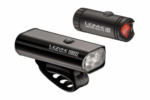 A black front and rear bike light set on a white background