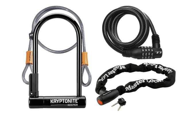 3 black bike locks on a white background