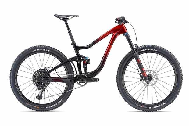 Mountain bike reviews Red and black full suspension mountain bike on a white background