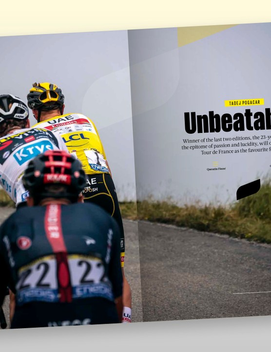 Magazine spread showing interview with Tadej Pogacar